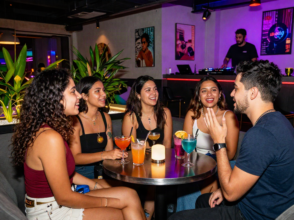 Exciting urban nightlife with friends enjoying 18+ ai experience at a trendy lounge with vibrant neon lights.