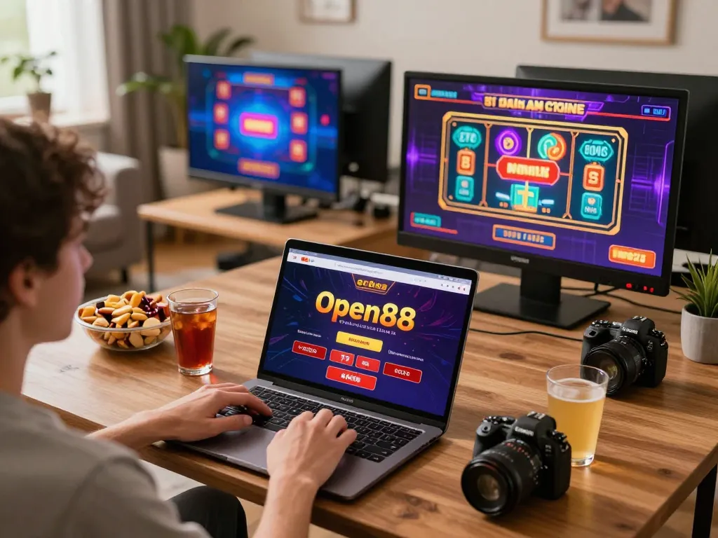 Experience open88 through immersive online gaming, showcasing a player engaged with casino games in a cozy setting.