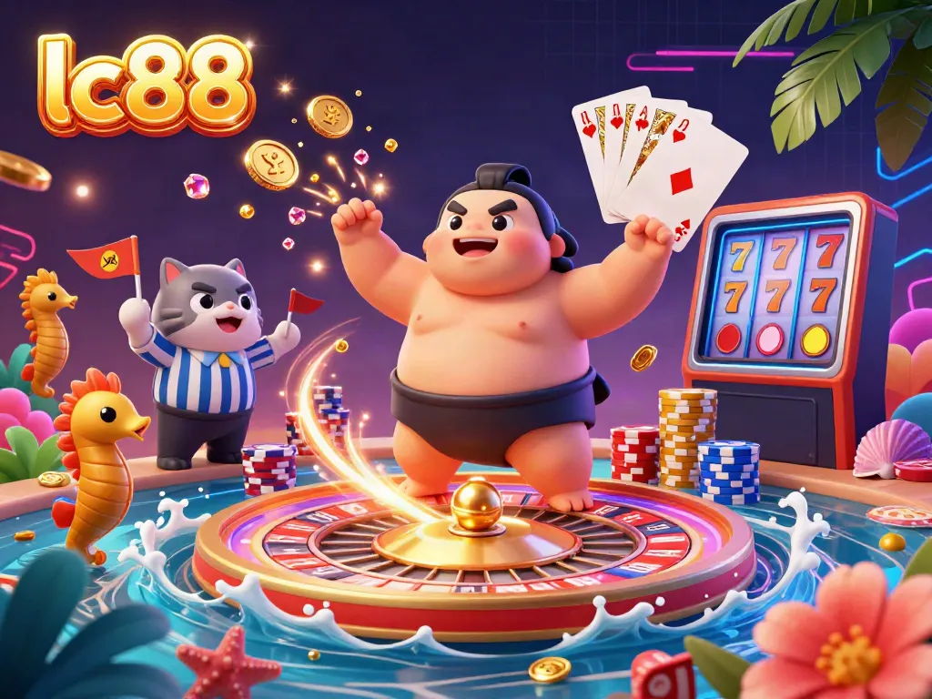 Experience the vibrant underwater casino scene featuring lc88 with a puffed fugu and lively musical elements.