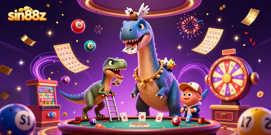 Experience thrilling casino action at sin88z with a giant dinosaur and interactive gaming elements.