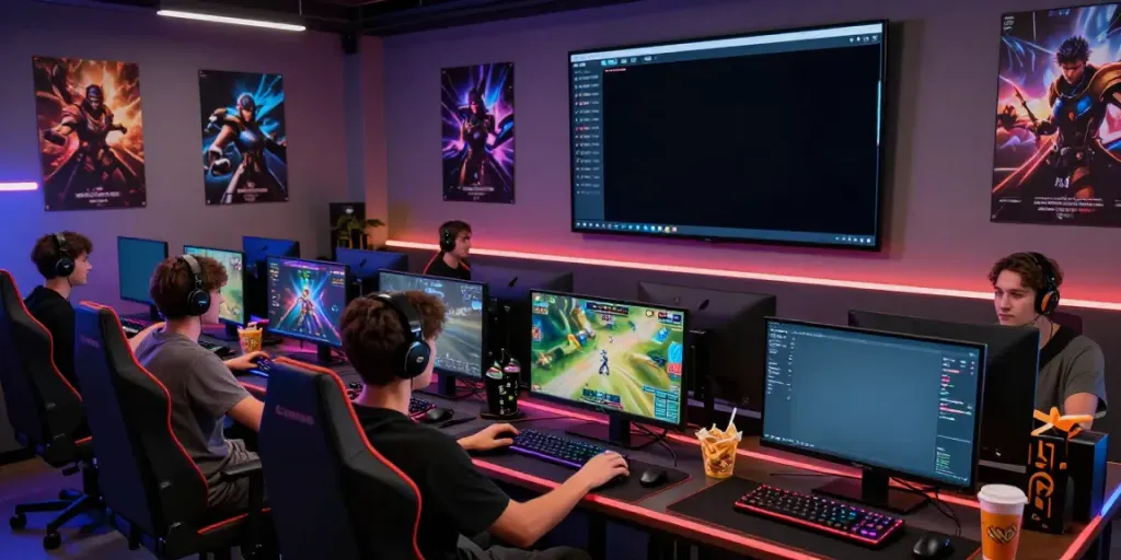 Online gaming group at colorful setups with vibrant displays and snacks, featuring https://go889.de.com/ for engaging multiplayer experiences.