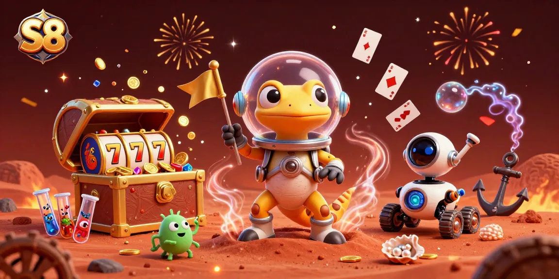 Experience thrilling adventures at S8 with our Martian gecko exploring a casino filled with treasures.