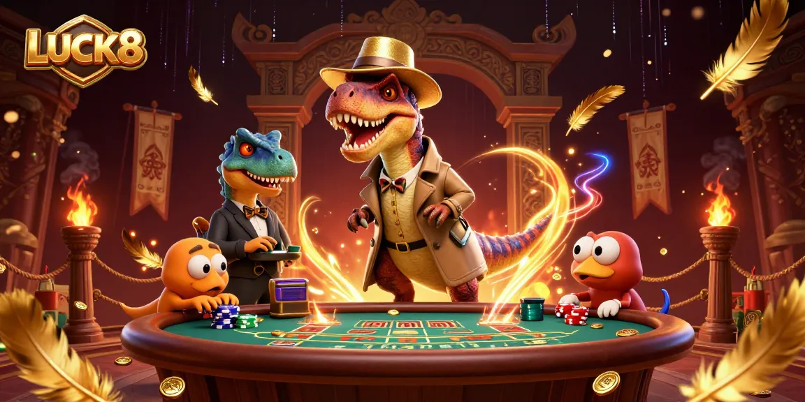 LUCK8 showcases a velociraptor card counter at a blackjack table, surrounded by casino elements.