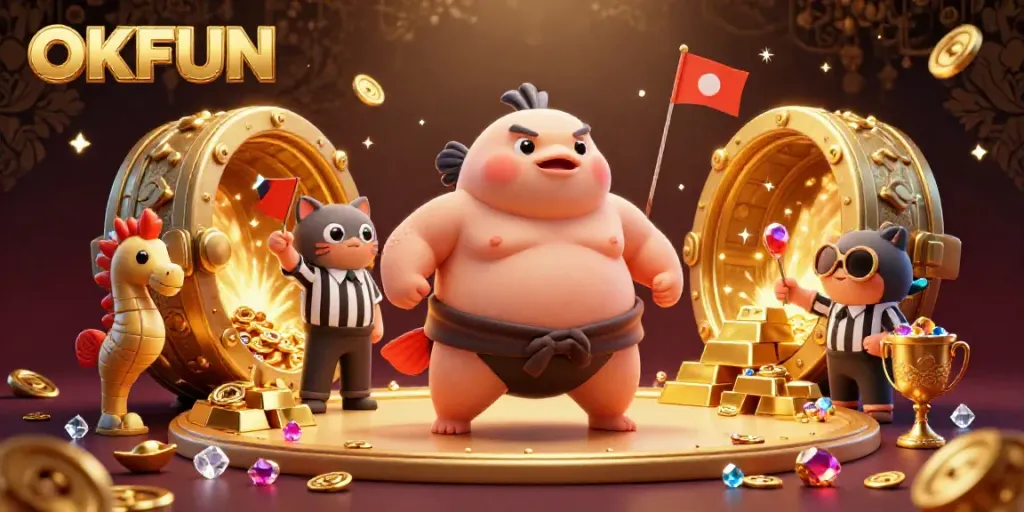 Experience the excitement at OKFUN with a whimsical underwater casino featuring a giant fugu and treasures.