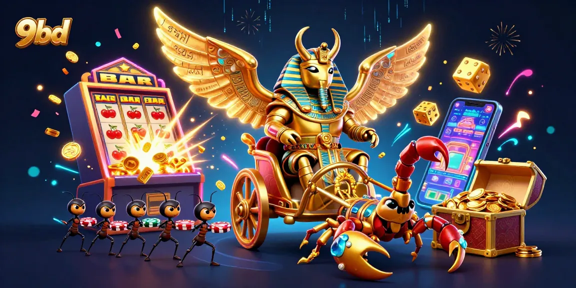 Engage in thrilling gameplay at 9bd with a vibrant casino scene showcasing a golden scarab and slot machines.