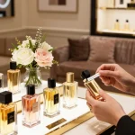 Xerjoff Perfumes displayed in an elegant fragrance boutique, with a customer exploring luxurious scent options.